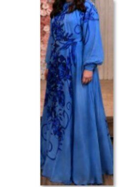 Elegant Raquel blue floral chiffon gown